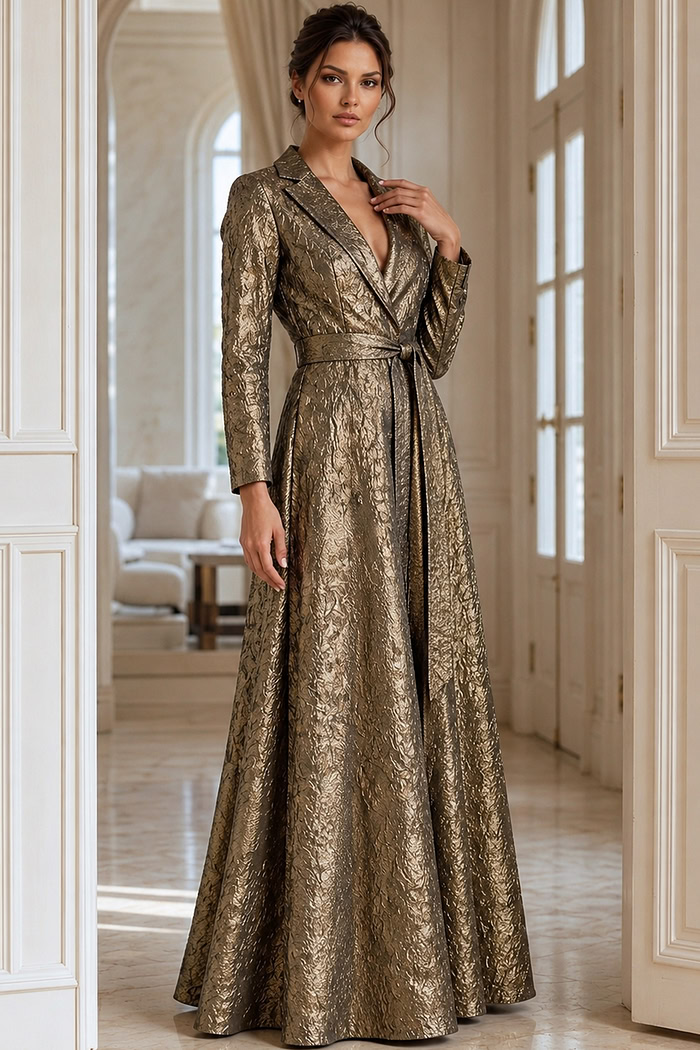 Long Sleeve Formal Ball Gown With Textured Metallic Fabric