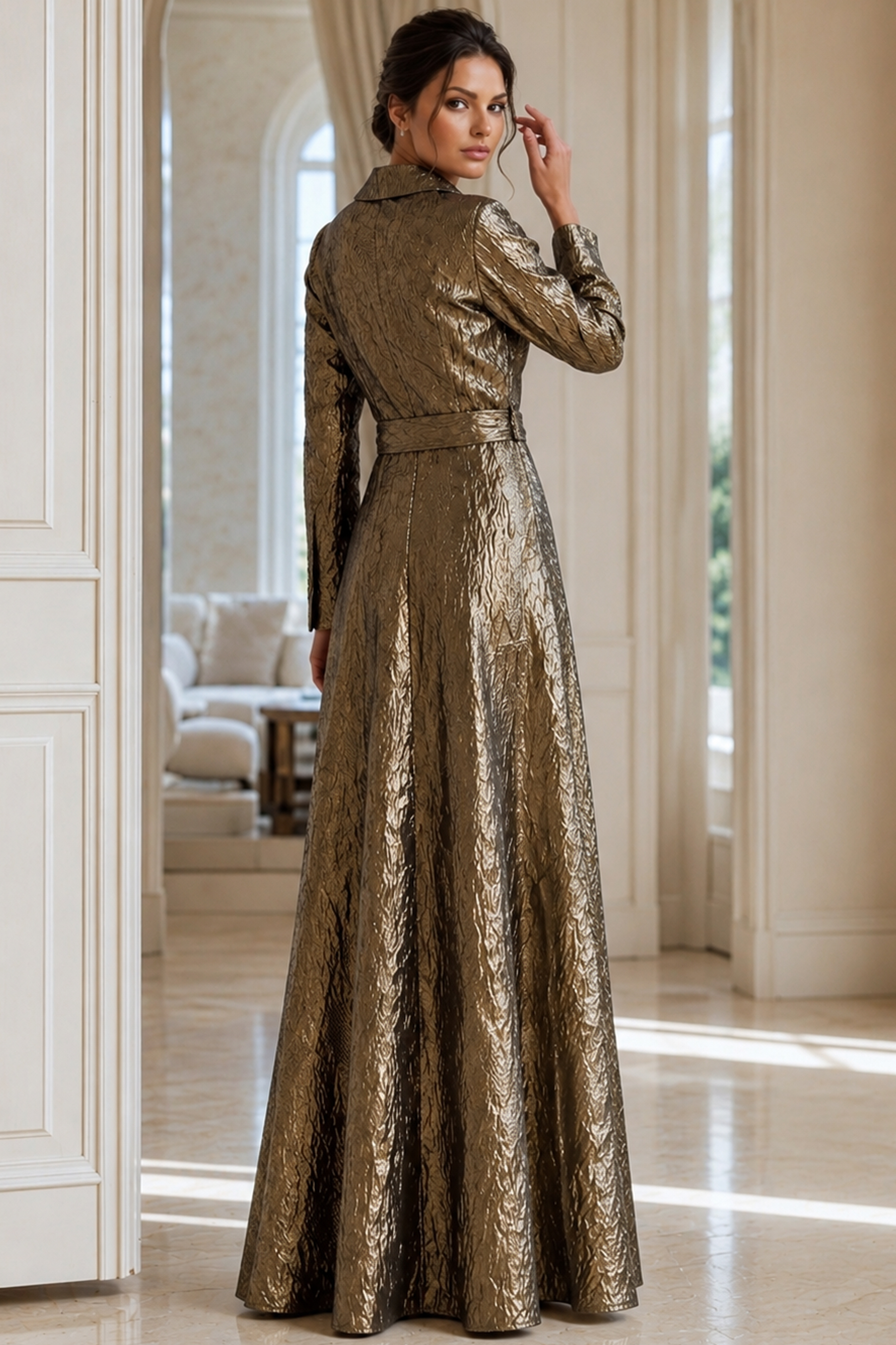 Designer Metallic Formal Gown With Full Flowing Skirt