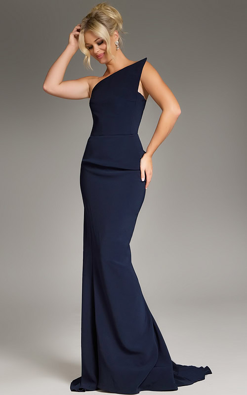 Model wearing Jovani 40301 navy one-shoulder evening gown, front view.
