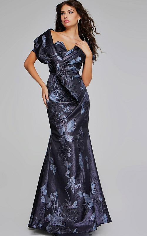 Model wearing Jovani 40309 elegant mermaid gray gown from front view, showcasing strapless sweetheart neckline and floral detailing.