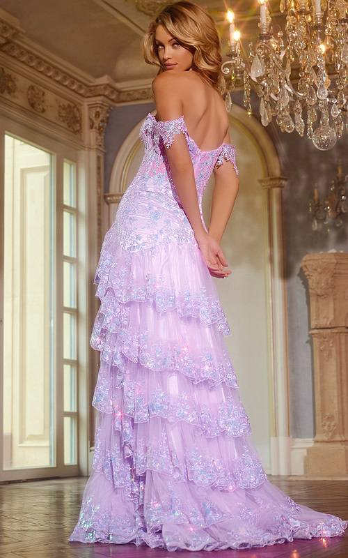 Back view of model wearing Jovani 40397 lilac gown with tiered skirt