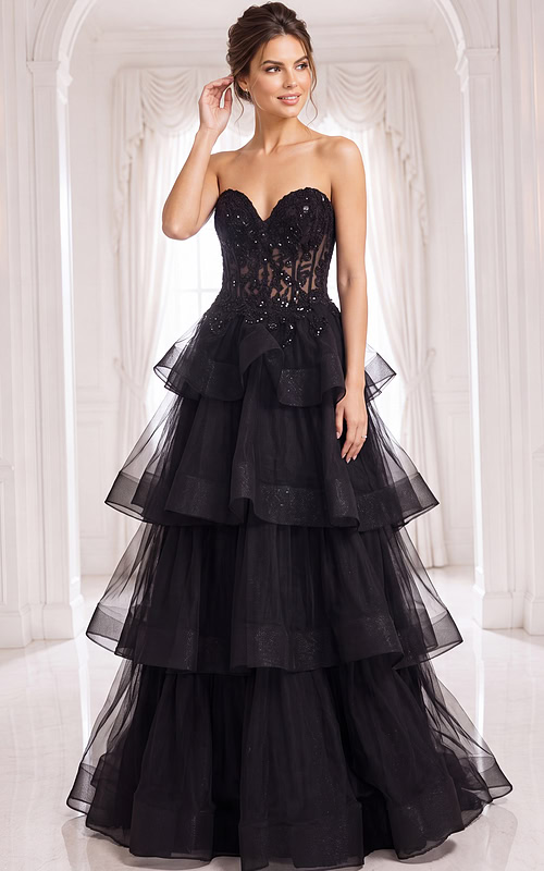 Elegant black evening gown featuring a sweetheart neckline, sheer lace corset top, and voluminous ruffled tulle layers with train detail