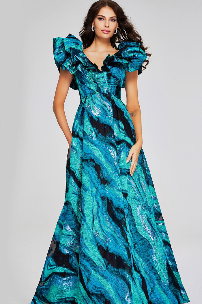Model wearing Jovani 40696, front view of blue gown with V-neckline.