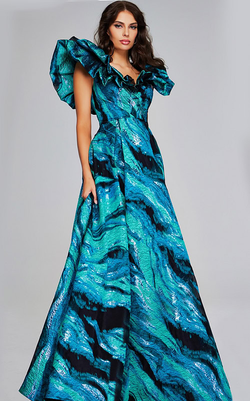 Model wearing Jovani 40696 blue gown with V-neckline and ruffled sleeves, front view.