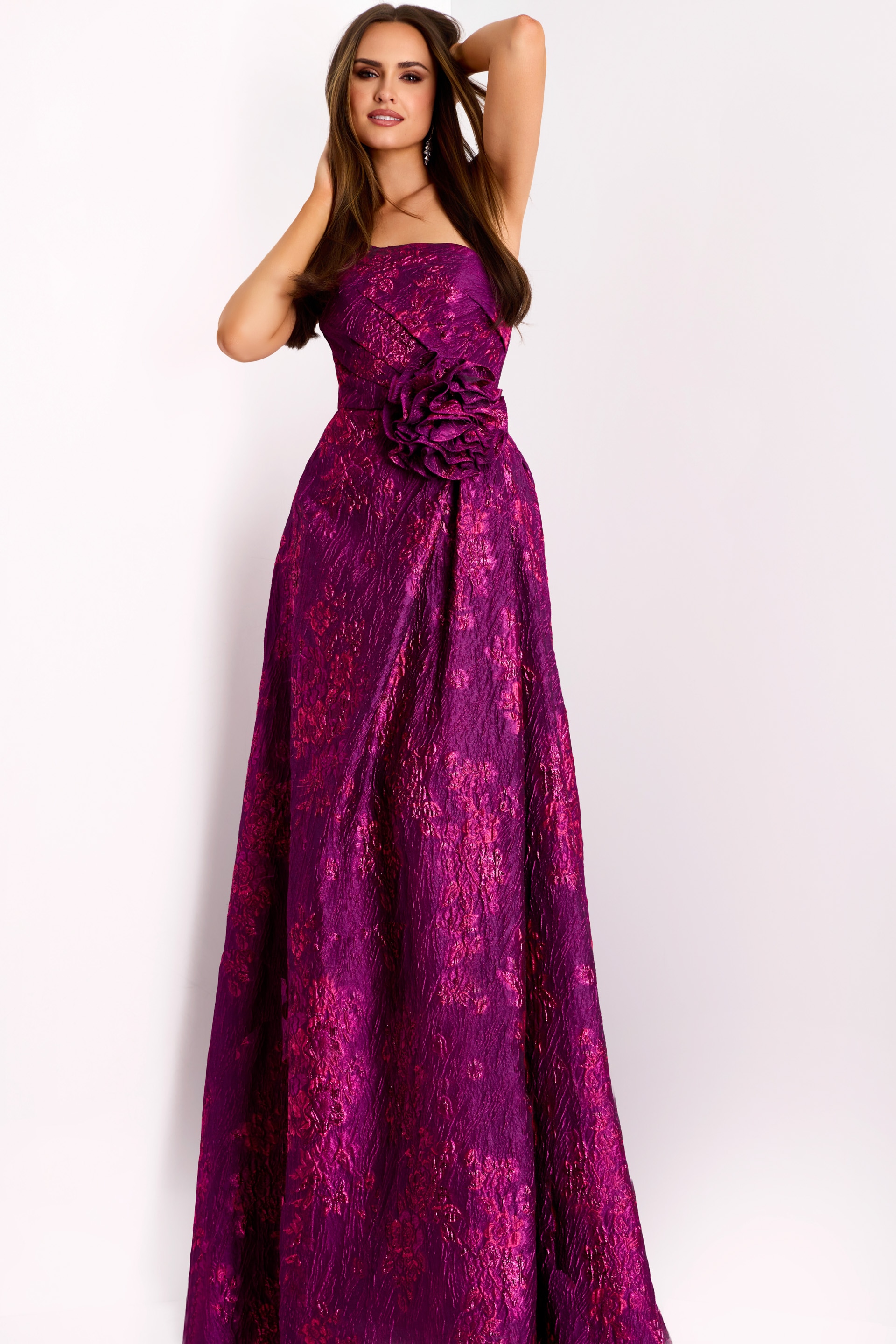 print purple dress with rosette details