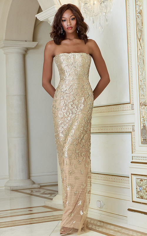 Model wearing Jovani 40887 nude strapless full-length gown from the front.