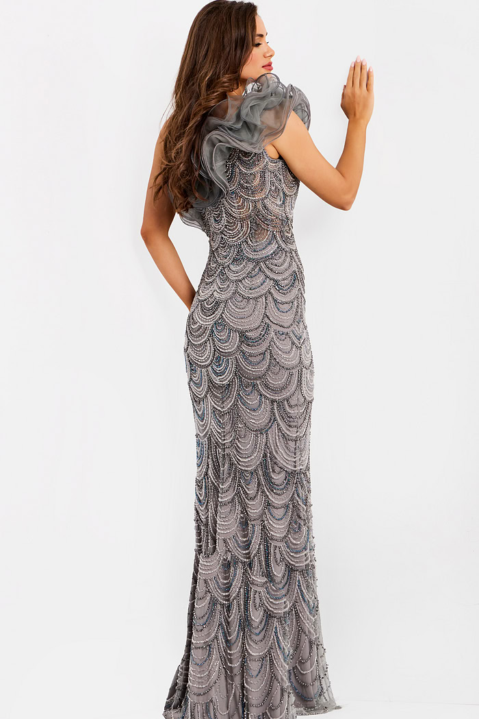 Glamorous one-shoulder gown with intricate scallop bead embellishment