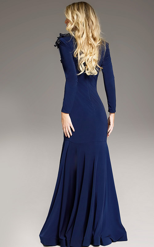 Back view of model wearing Jovani 40926 navy dress with mermaid silhouette.