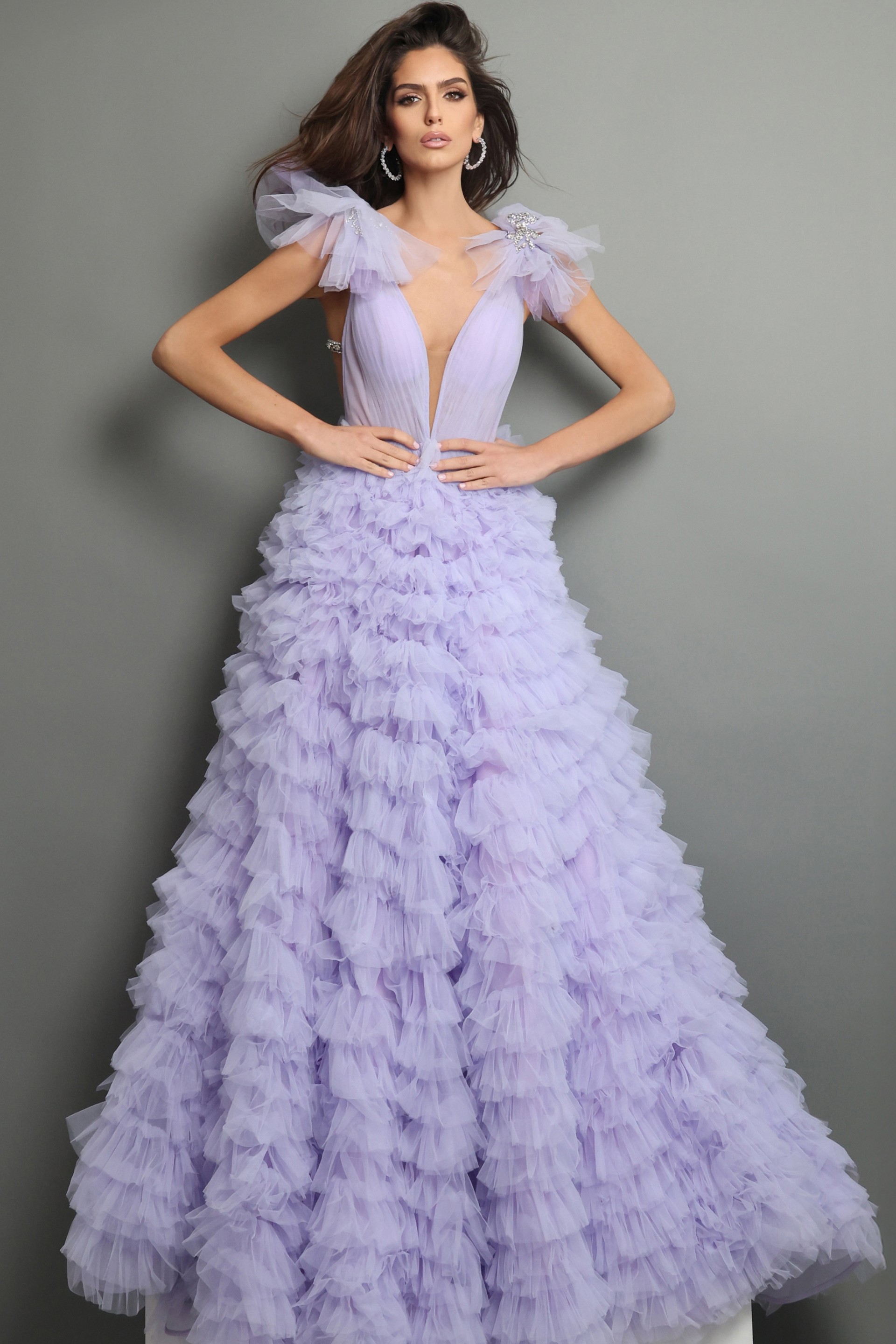 lavender ball gown long dress with plunging v neck ruffle shoulder tiered skirt crystal accents