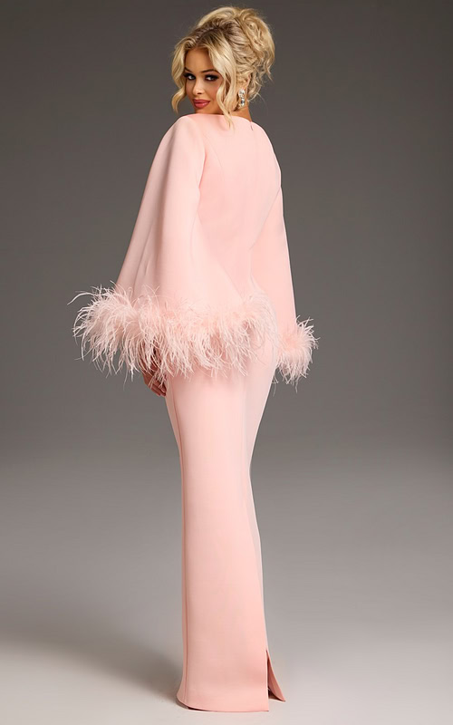 Back view of Jovani 41077 blush gown highlighting the sleek silhouette and feathered sleeves.