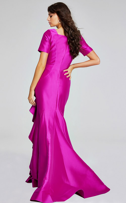 Back view of Jovani 41128 on model, featuring lilac fabric and mermaid silhouette.