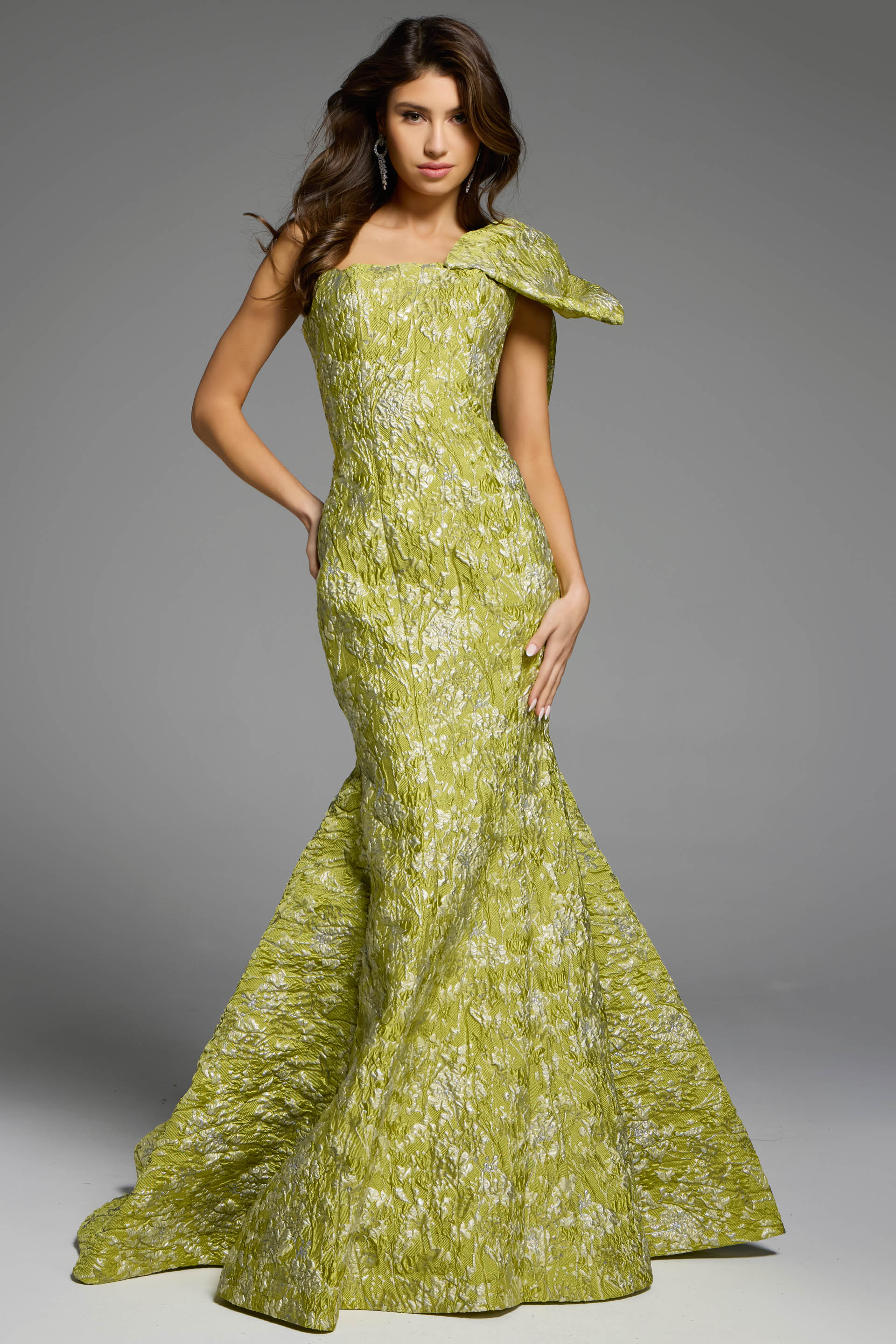 Elegant One-Shoulder Textured Evening Gown Front View