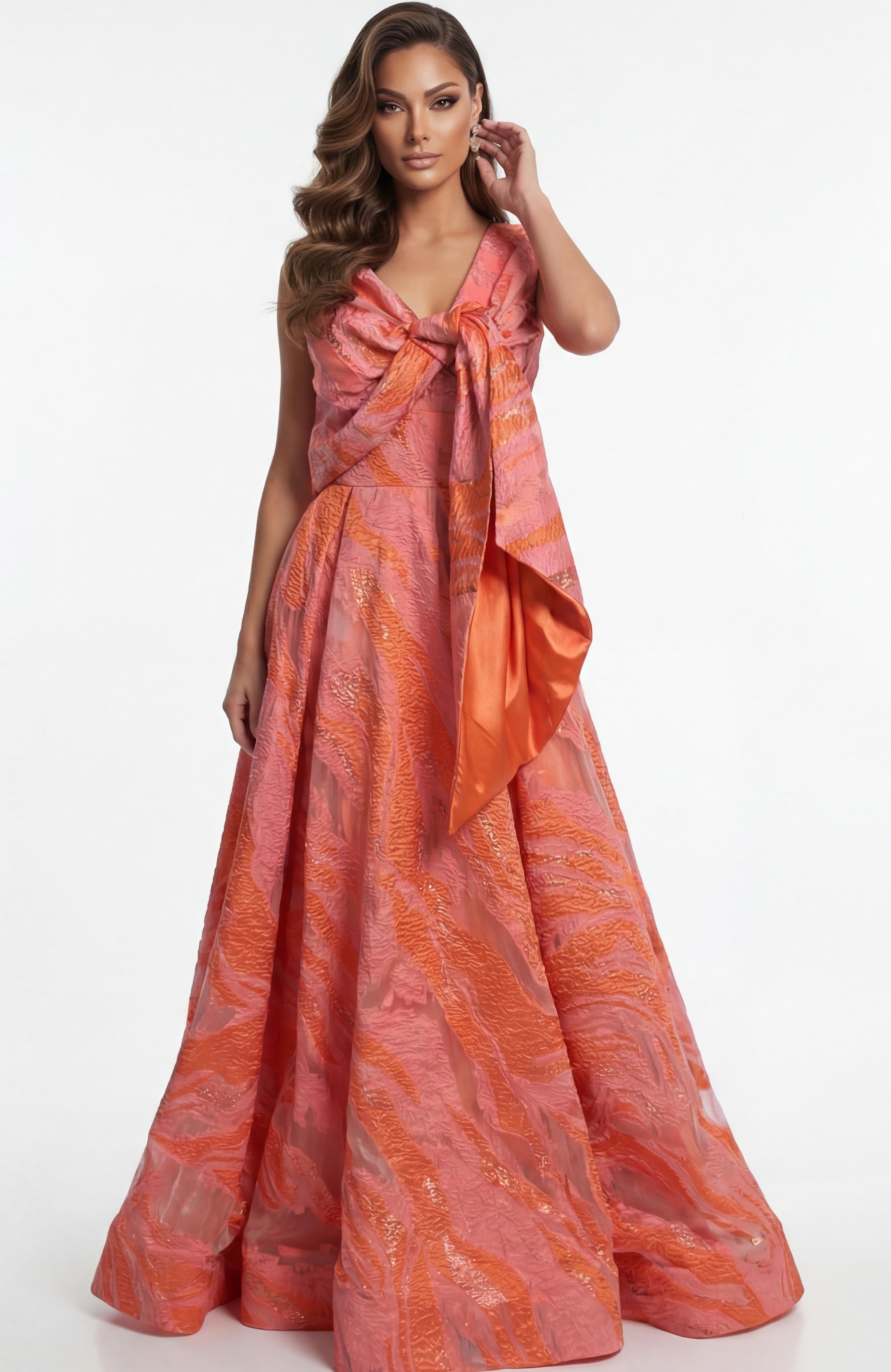textured A line gown with defined waist and flowing structured skirt