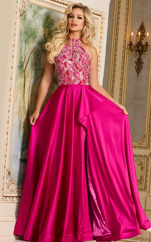 Model wearing Jovani 41186 fuchsia dress with embellished bodice, front view