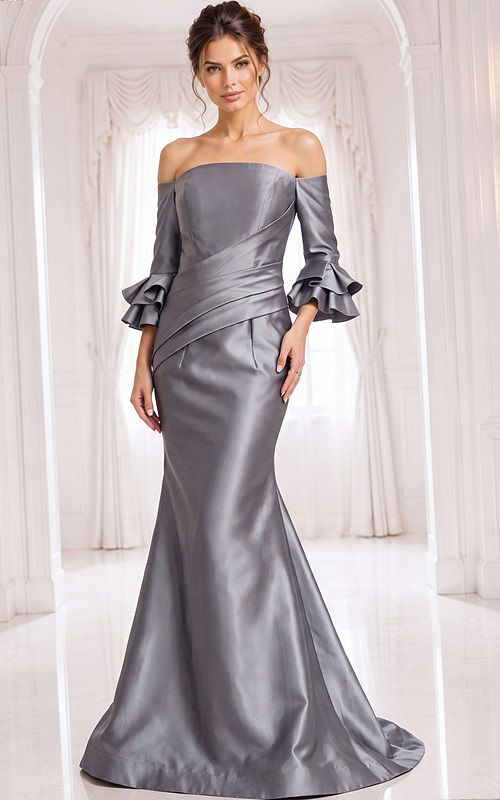 Elegant gray silver evening dress featuring an off the shoulder neckline, three-quarter flared sleeves, ruched bodice, and flowing mermaid skirt with train.