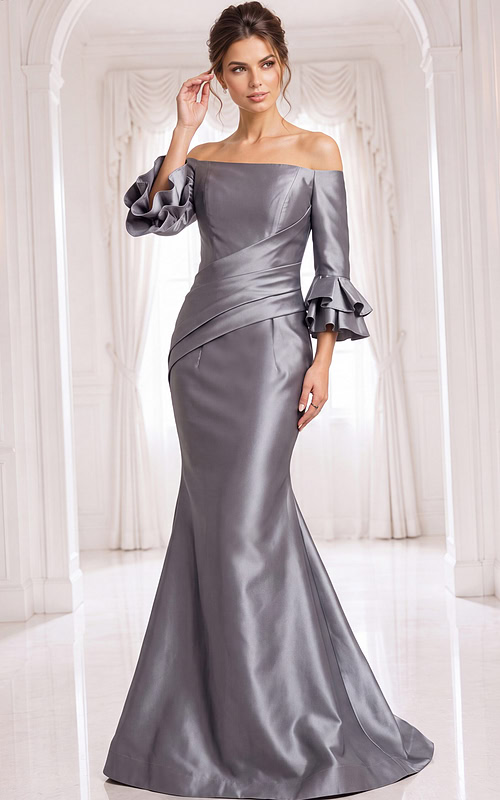 Silver off shoulder mermaid gown with satin fabric, fitted waist, and dramatic ruffle sleeves.