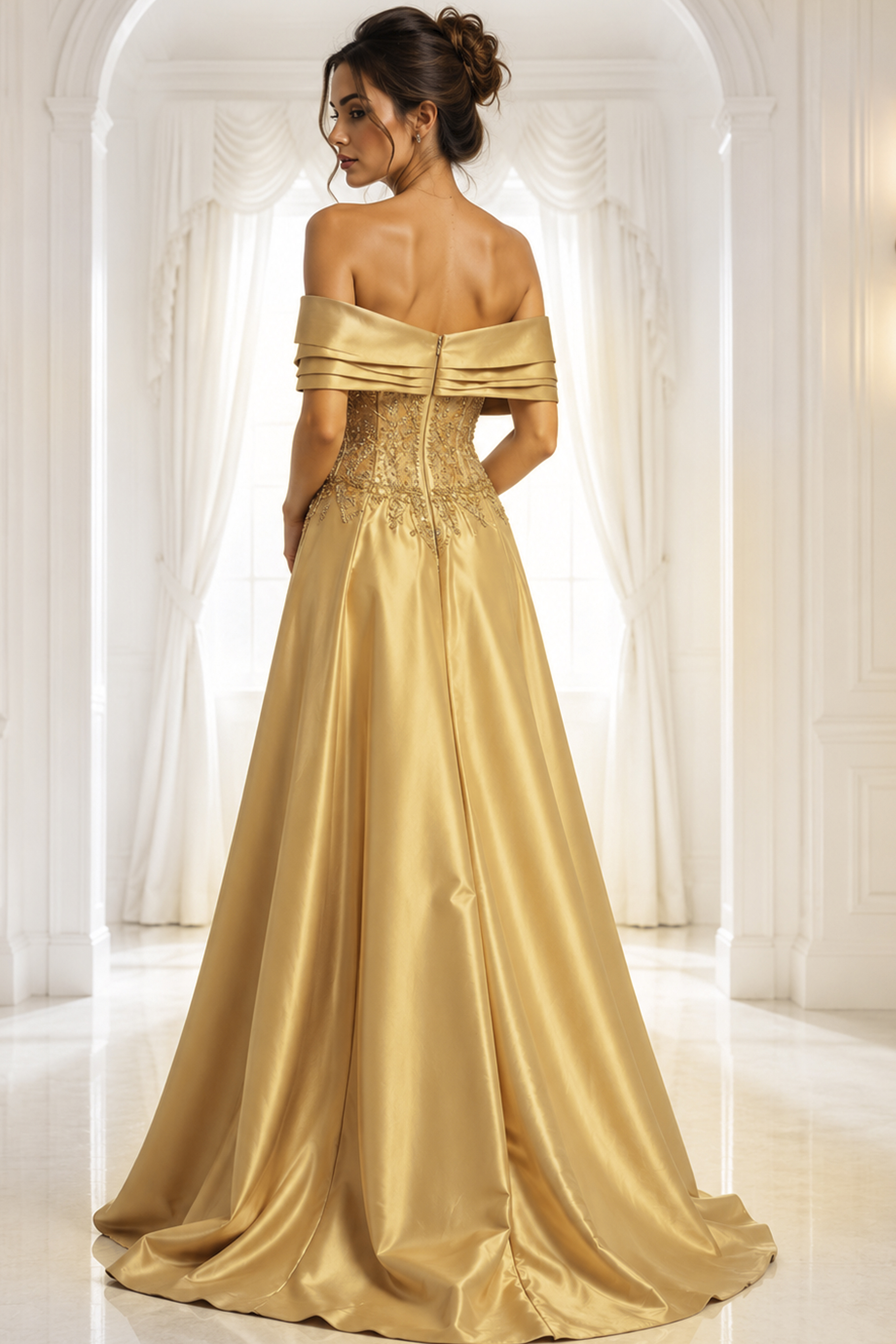 gold dress style 41198A - back view, gold pleated off-shoulder satin train