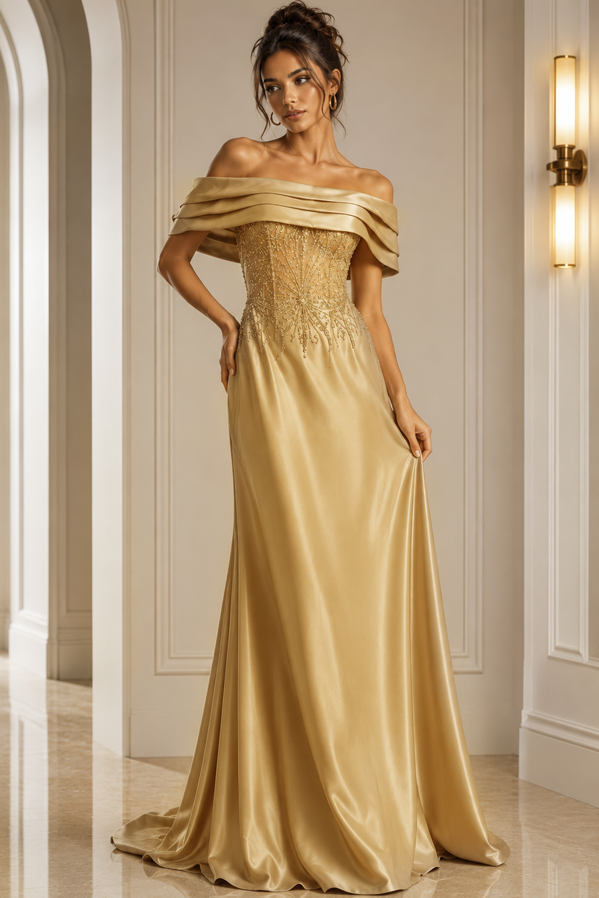 gold dress style 41198A - front full body, gold off-shoulder beaded flowing