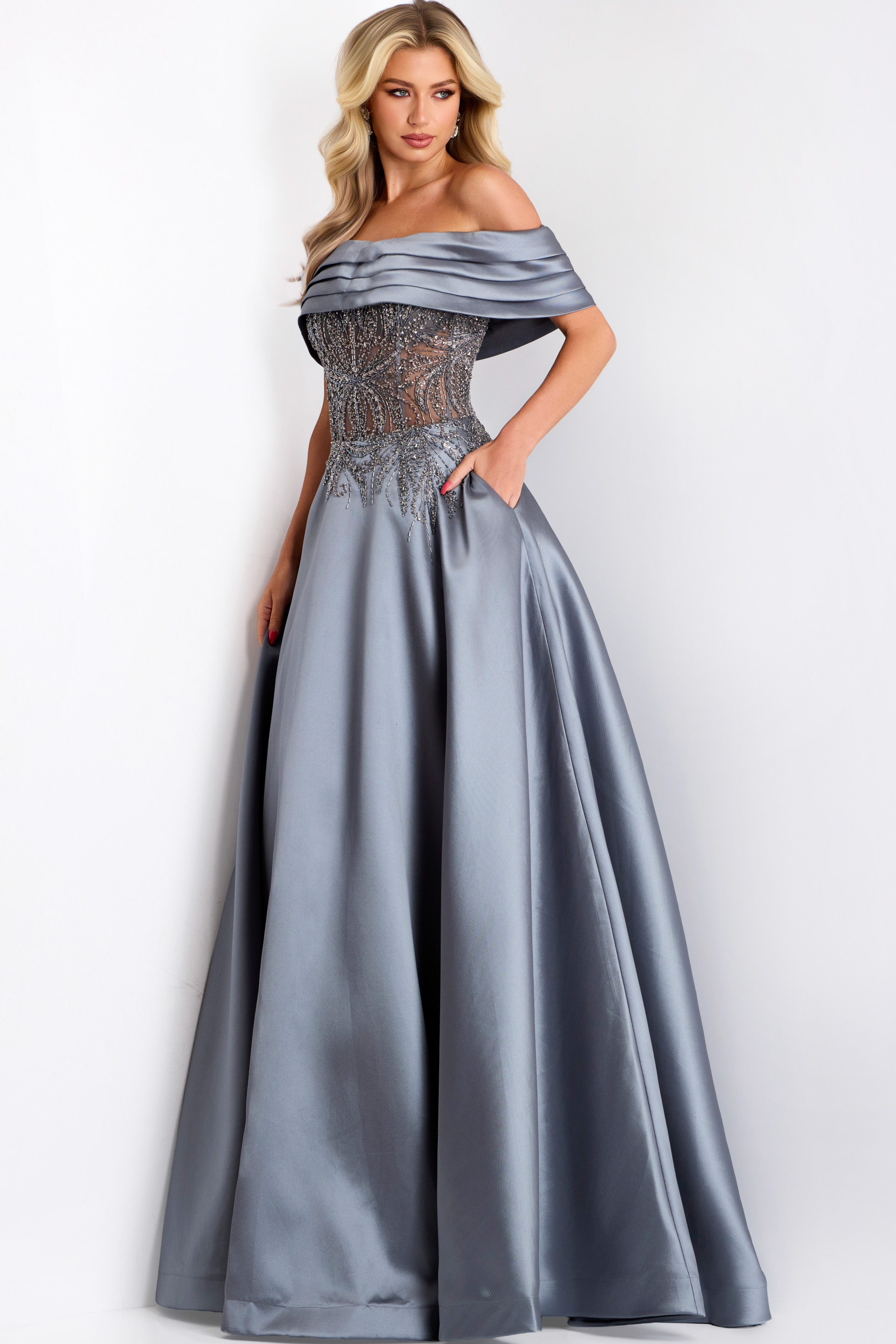 Off-the-Shoulder A-Line Gown with Sheer Beaded Bodice 41198 - Image 8