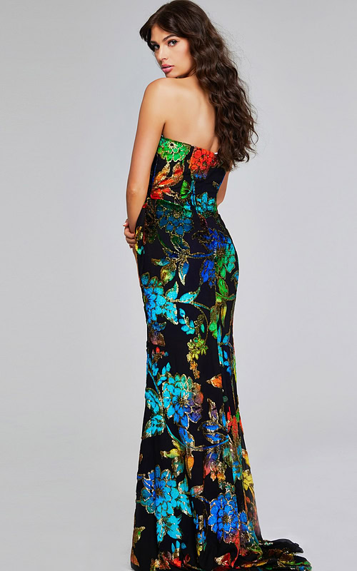 Model showing the back of Jovani 42164 floral multi-color gown.