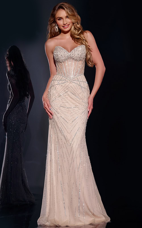 Model wearing Jovani 42206 silver dress with intricate beadwork, front view.