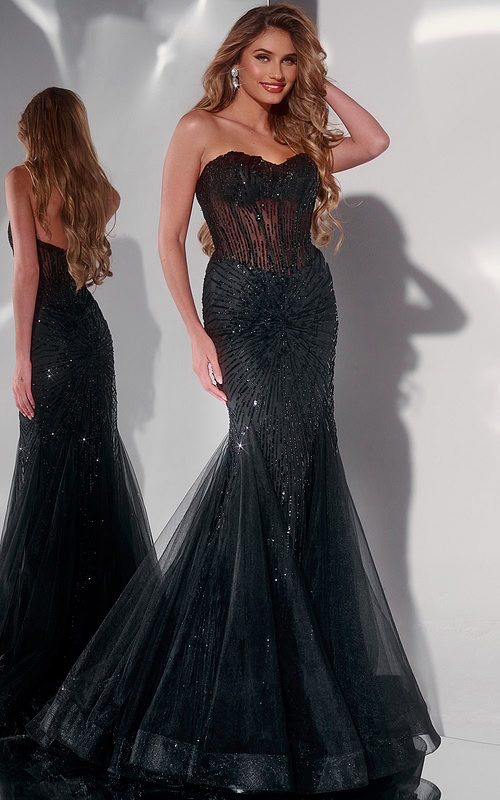 Model wearing Jovani 42217 black mermaid gown with sweetheart neckline and structured bodice.