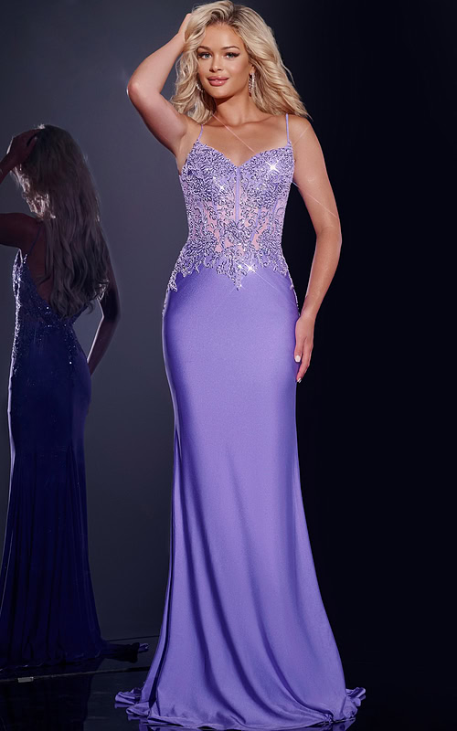 Model wearing Jovani 42221 purple gown with lace bodice and sweetheart neckline