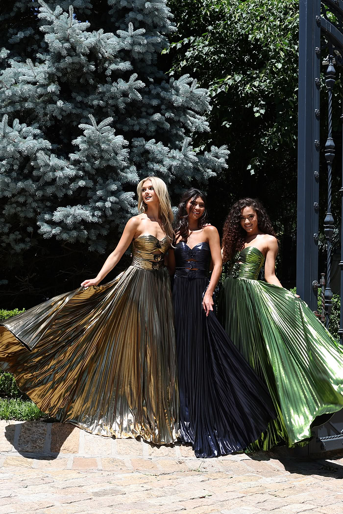 glamorous gold strapless gown with floral accents and cutout detail