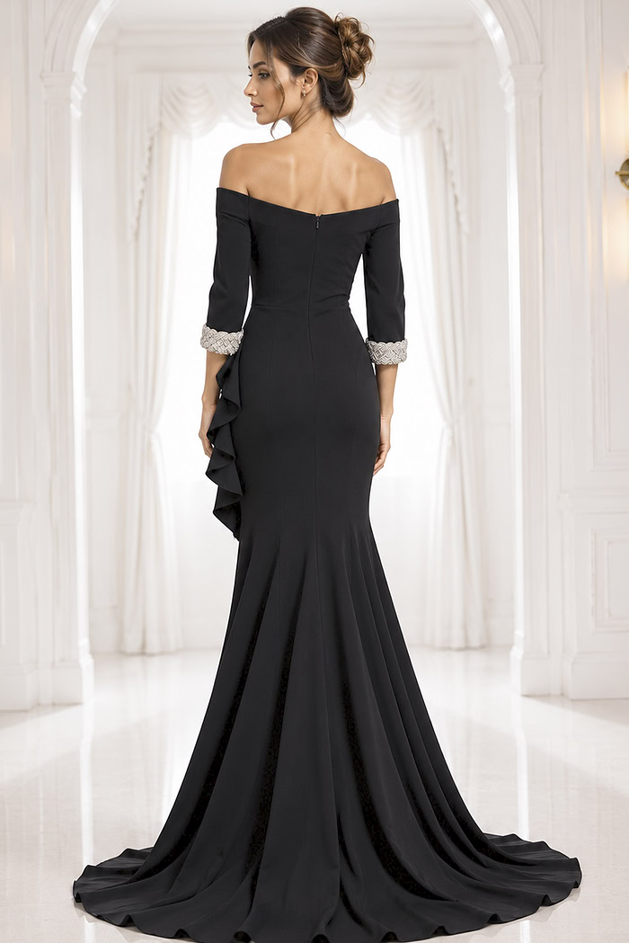 black navy off-shoulder gown with beaded cuffs - back view, black off-shoulder ruffled mermaid