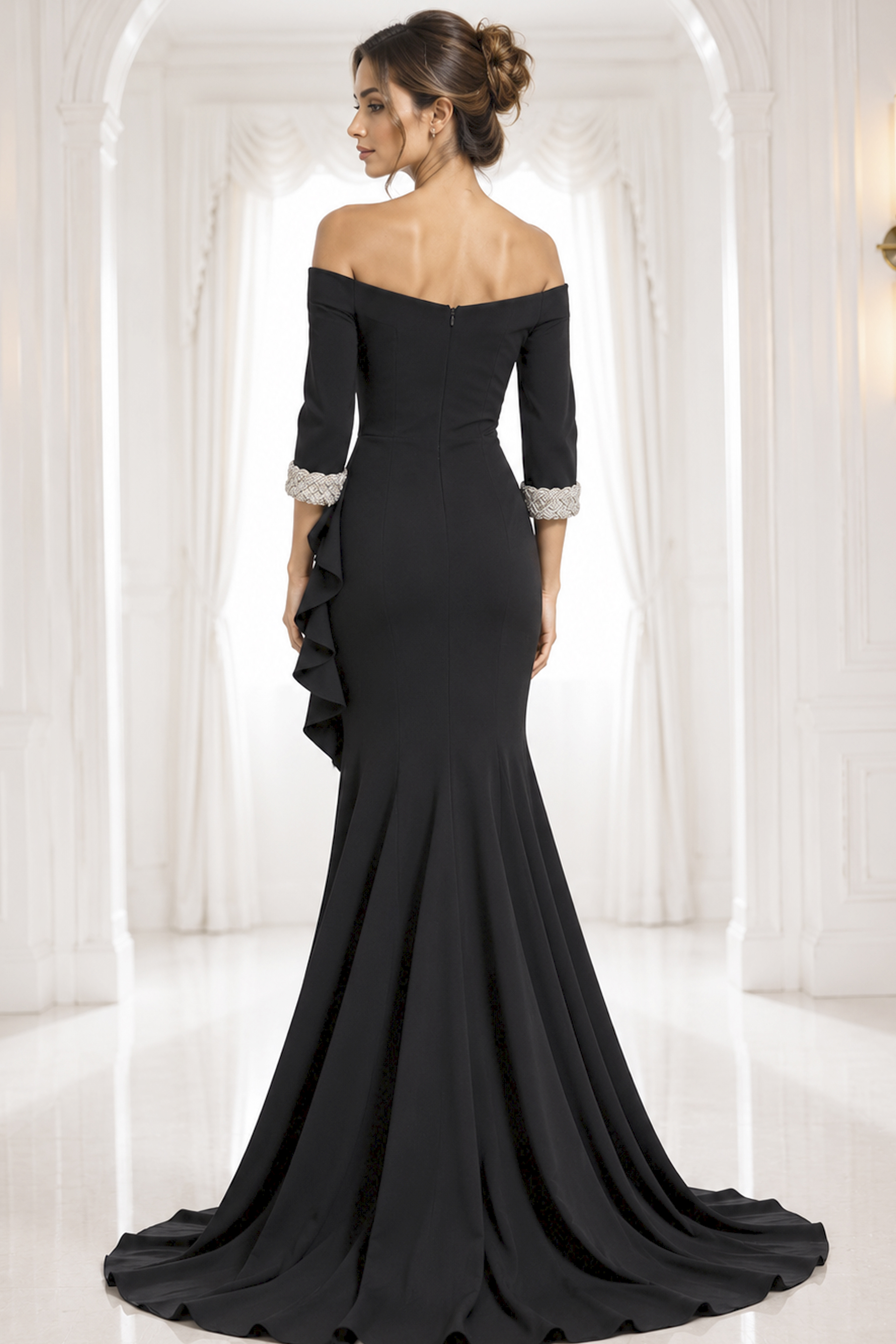 black navy off-shoulder gown with beaded cuffs - back view, black off-shoulder ruffled mermaid