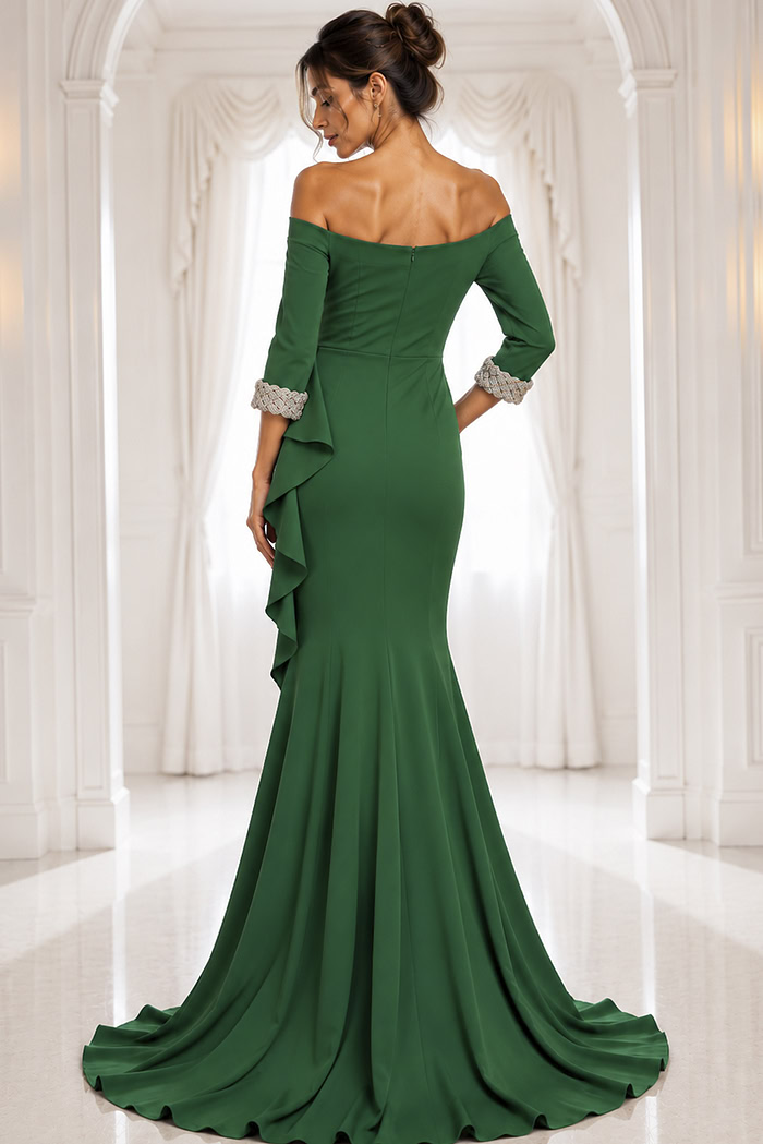 emerald navy off-shoulder gown with beaded cuffs - back view, emerald off-shoulder mermaid ruffle train
