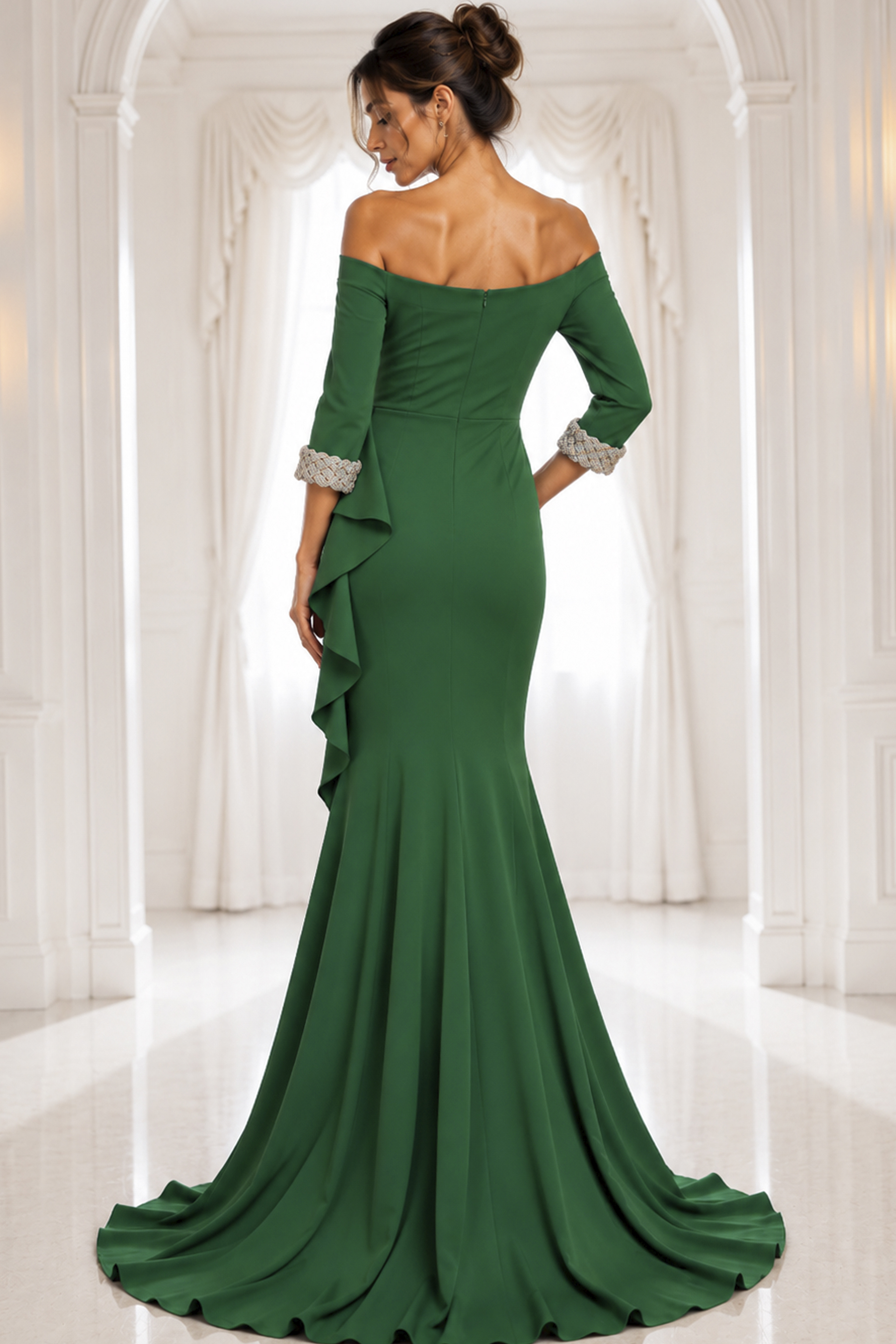 emerald navy off-shoulder gown with beaded cuffs - back view, emerald off-shoulder mermaid ruffle train