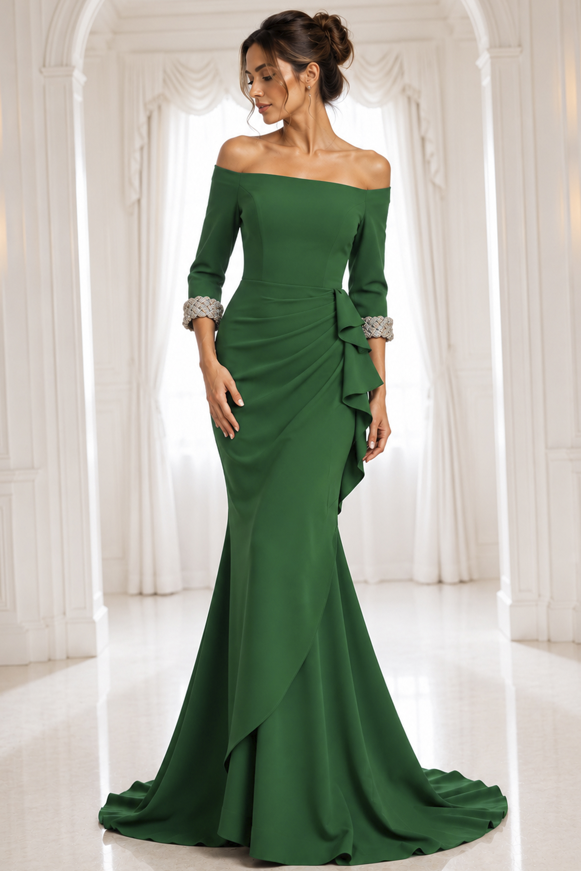 emerald navy off-shoulder gown with beaded cuffs - front full body, green, off-shoulder, embellished cuffs, side ruffle, mermaid train