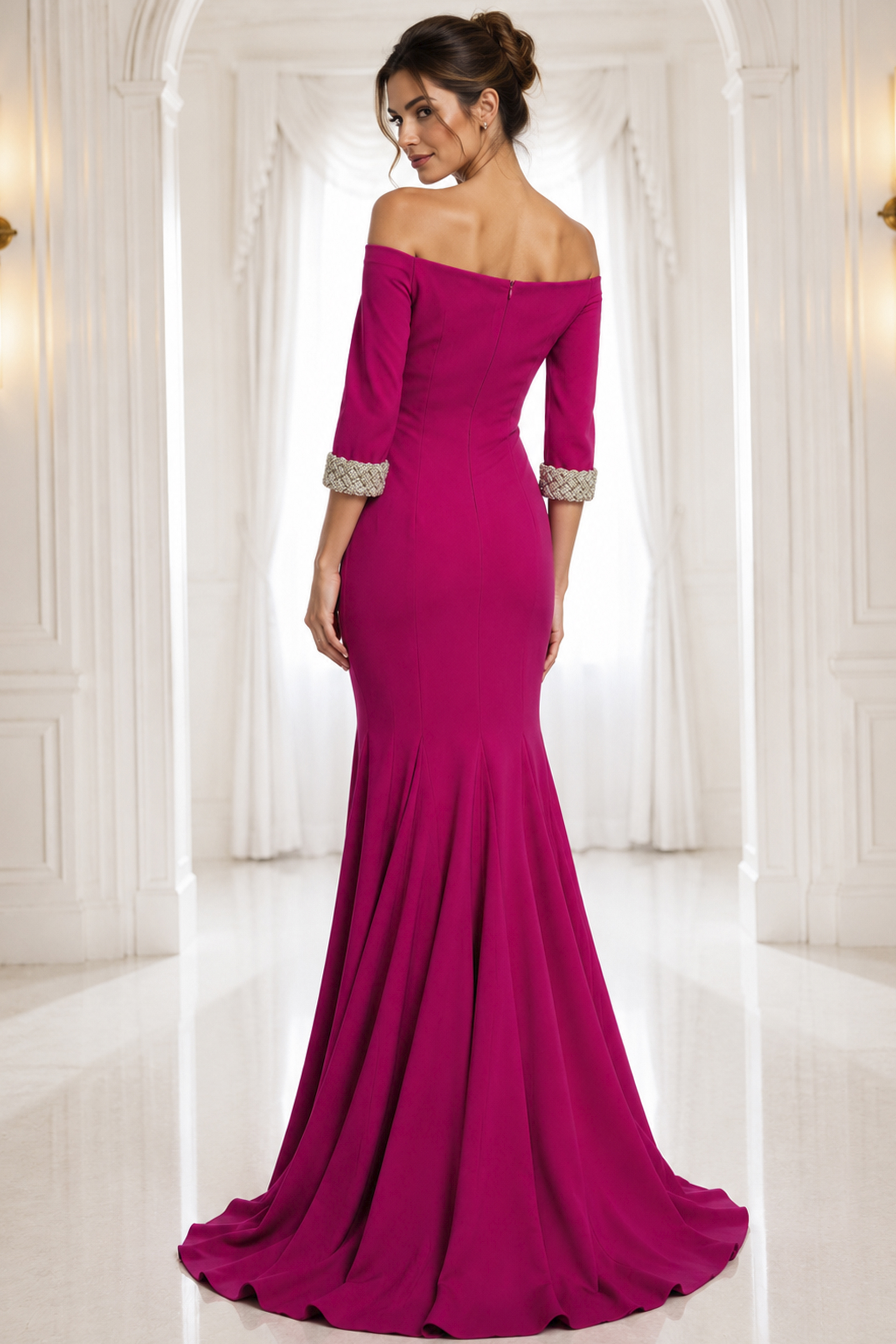 fuchsia navy off-shoulder gown with beaded cuffs - three quarter view, magenta off-shoulder braided cuffs mermaid gown