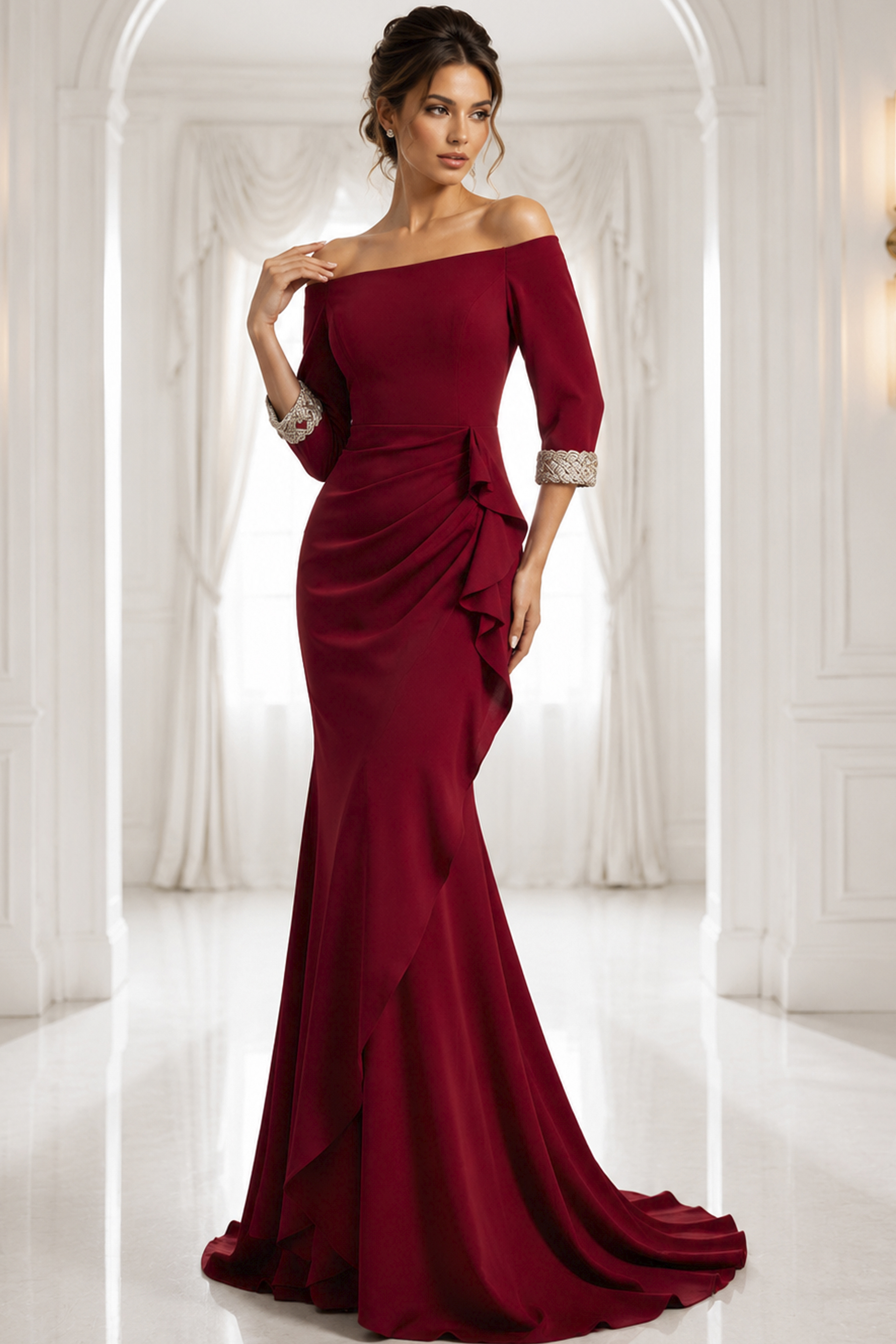 red navy off-shoulder gown with beaded cuffs - three quarter view, deep red, off-shoulder, ruched, embellished cuffs, mermaid