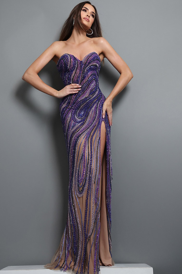 purple sheath long dress with strapless sweetheart beaded sheer slit