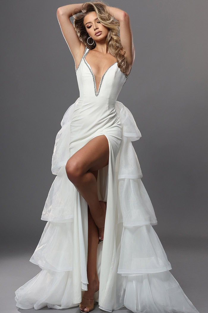 white fit and flare long dress with plunging v beaded high slit tiered
