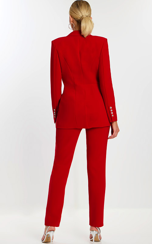 Back view of tailored red blazer and pants