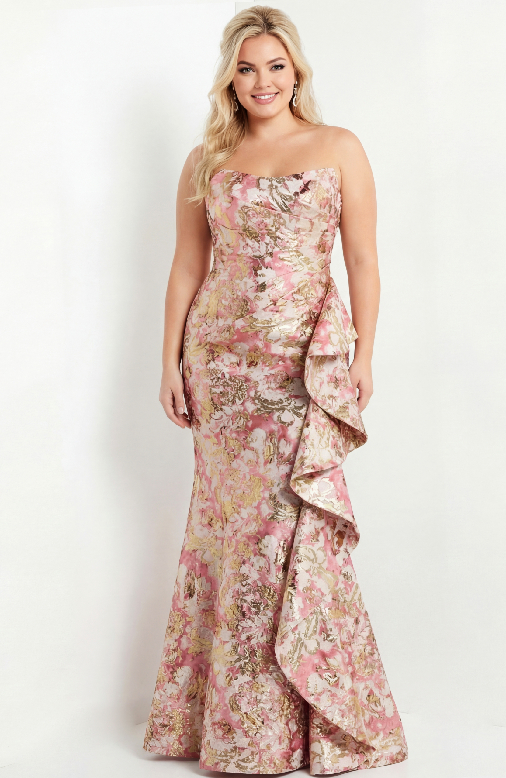 lus size strapless floral metallic gown with side ruffle detail
