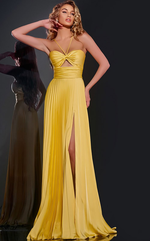Model wearing Jovani 42971 elegant yellow dress with twist-front bodice, front view.