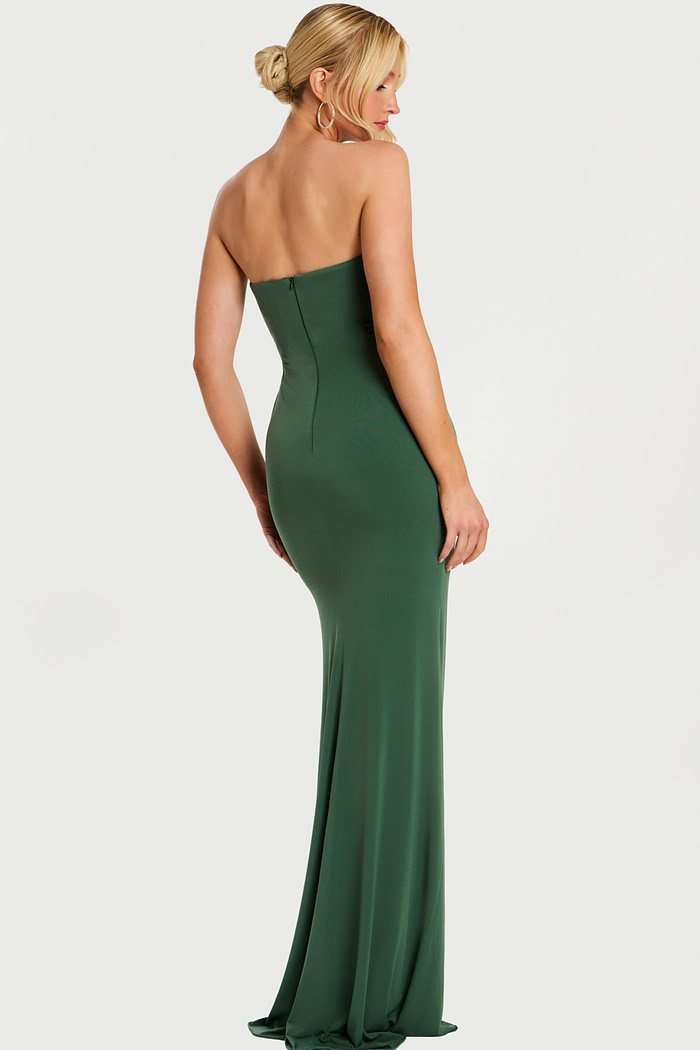 Back view of hunter green evening dress with zipper closure