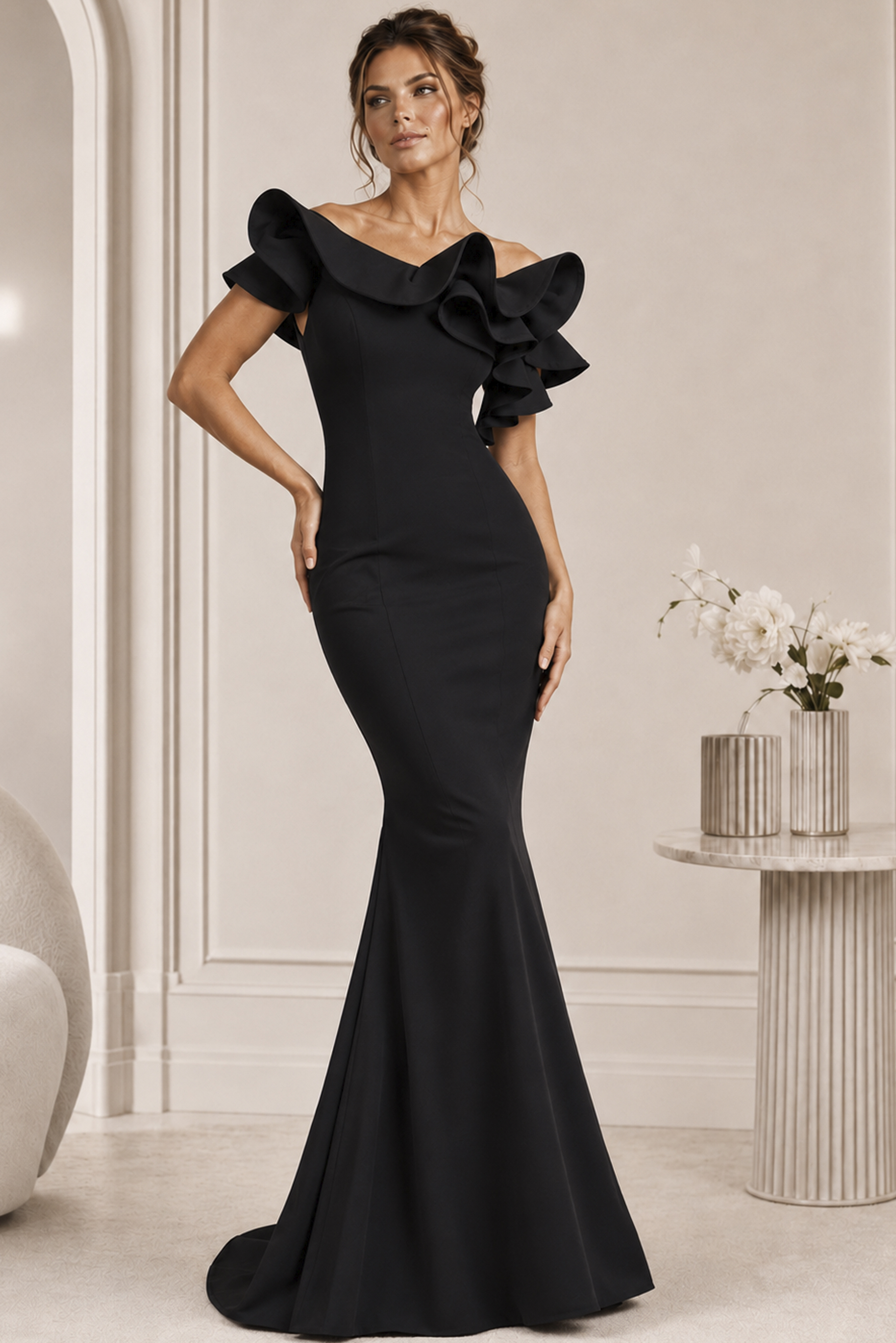 ruflfled neck mermaid black dress 43000