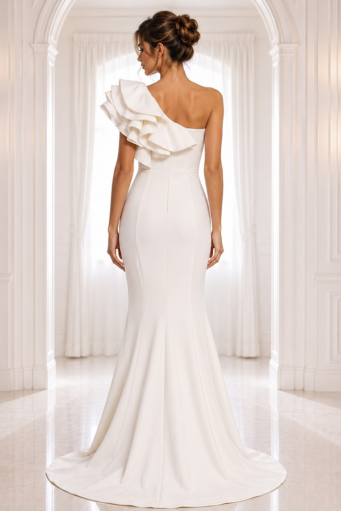 white one shoulder gown with sculpted ruffle detail - back view, white, ruffled one-shoulder, fitted mermaid
