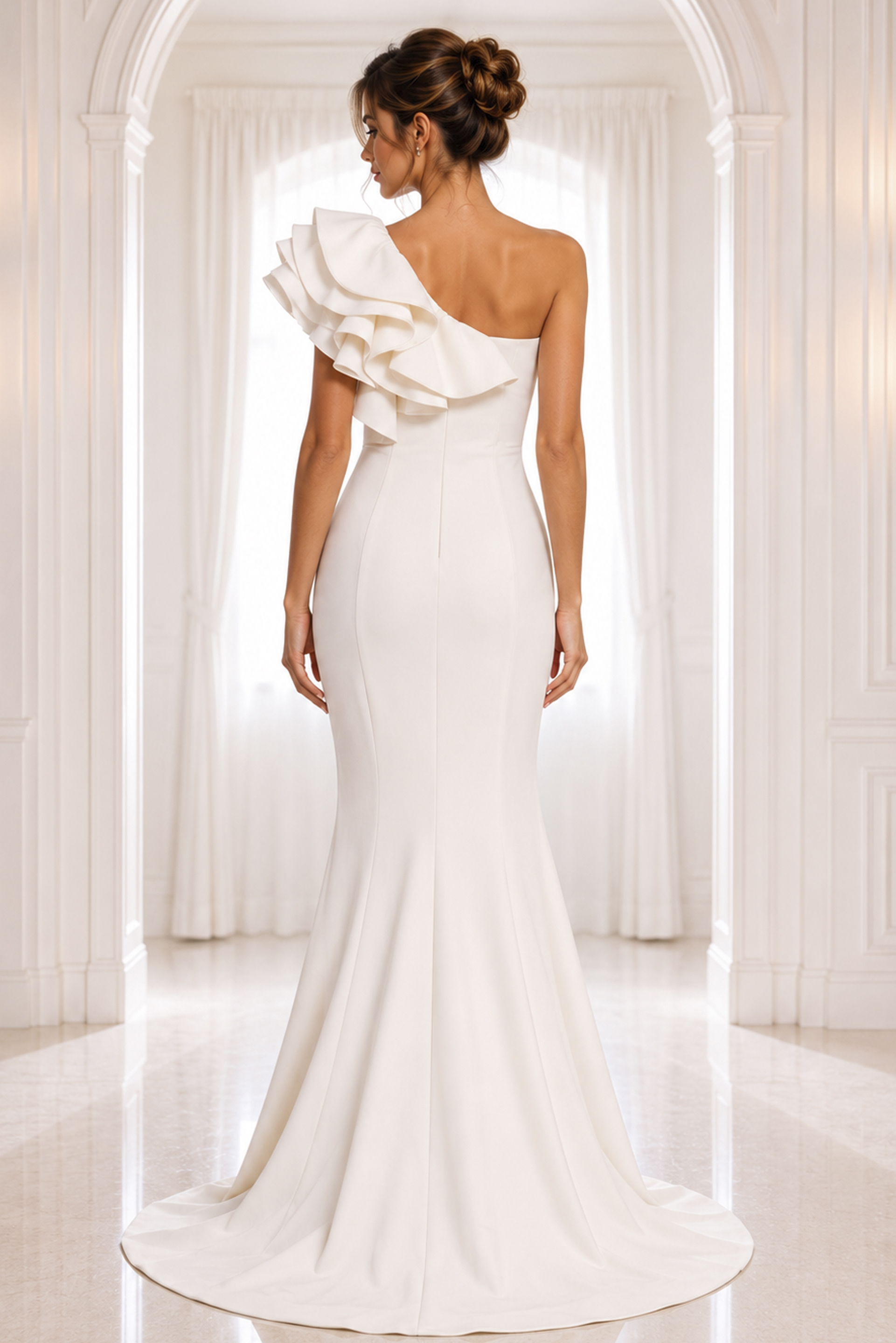 white one shoulder gown with sculpted ruffle detail - back view, white, ruffled one-shoulder, fitted mermaid