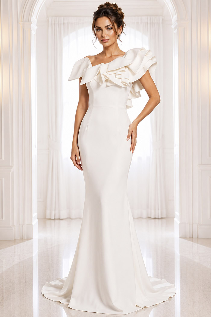 white one shoulder gown with sculpted ruffle detail - front full body, ruffled asymmetrical bodice, mermaid silhouette