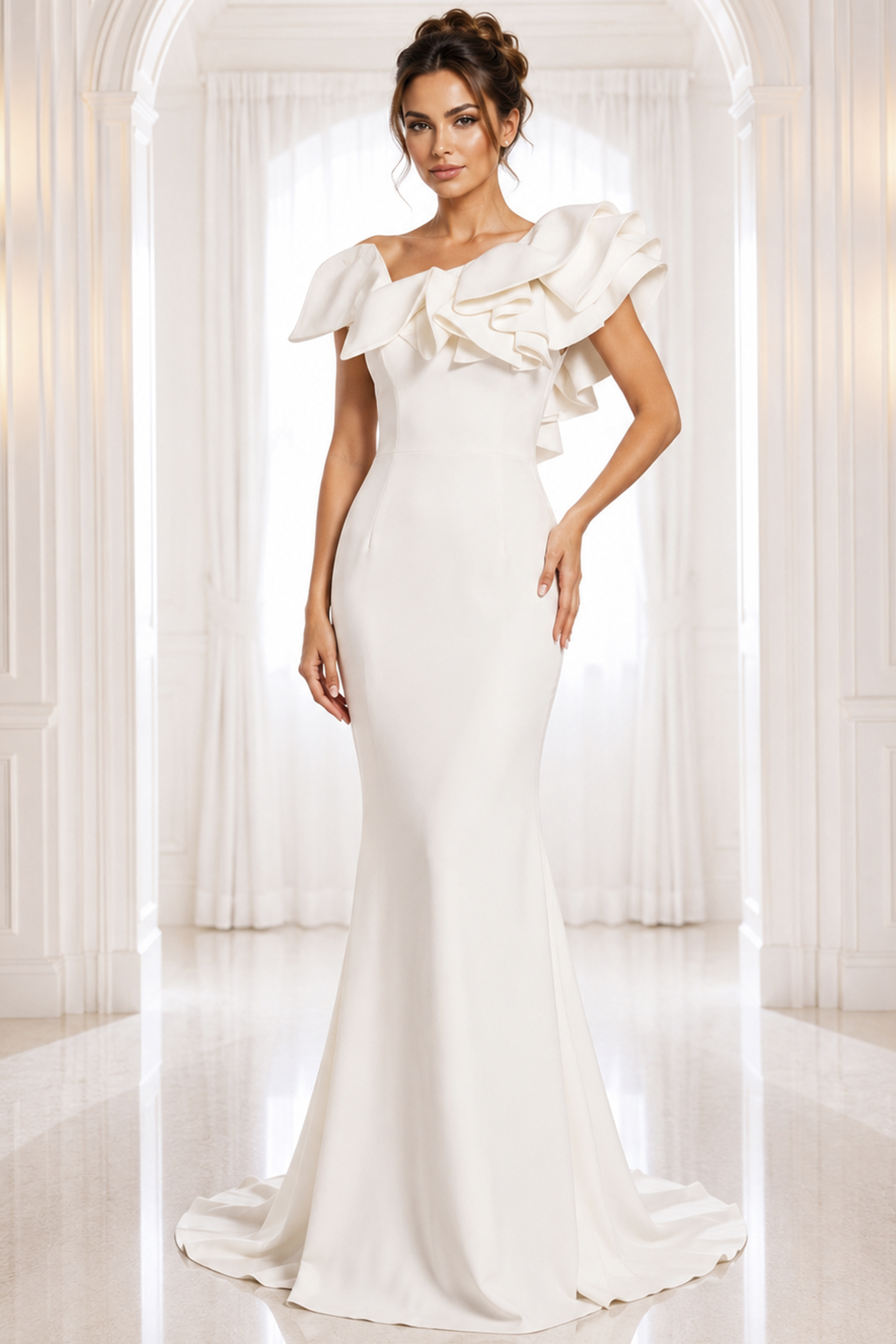 white one shoulder gown with sculpted ruffle detail - front full body, ruffled asymmetrical bodice, mermaid silhouette