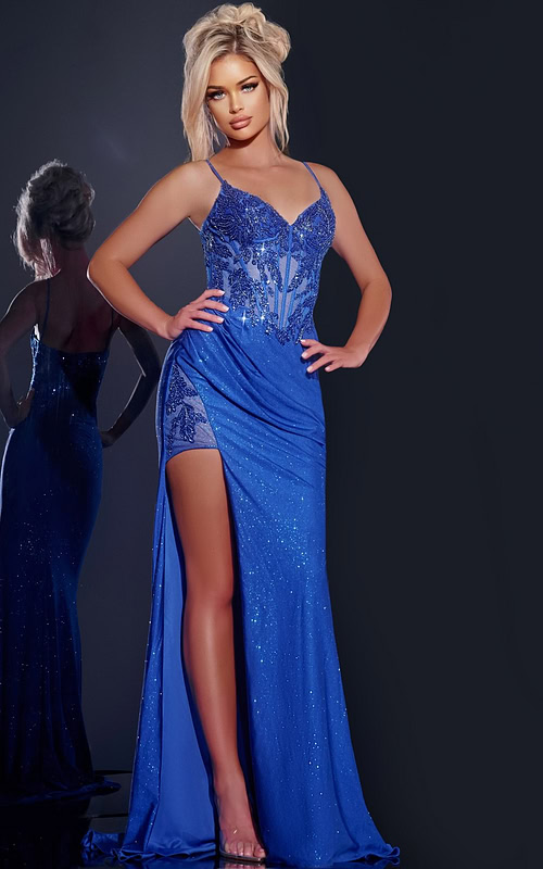 model wearing Jovani 43283 royal blue dress back view with sequined design