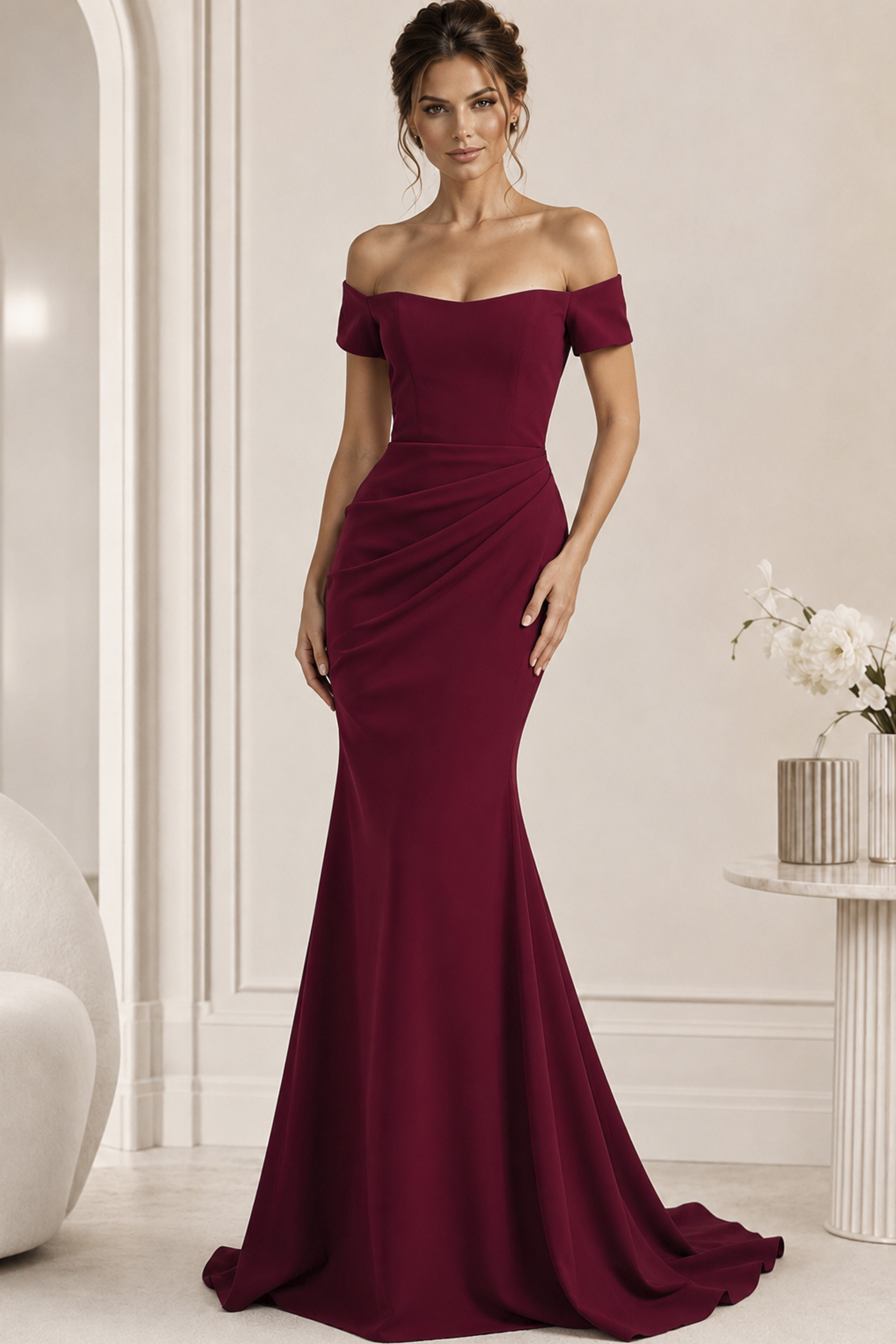 off the shoulder brugndy dress 43370