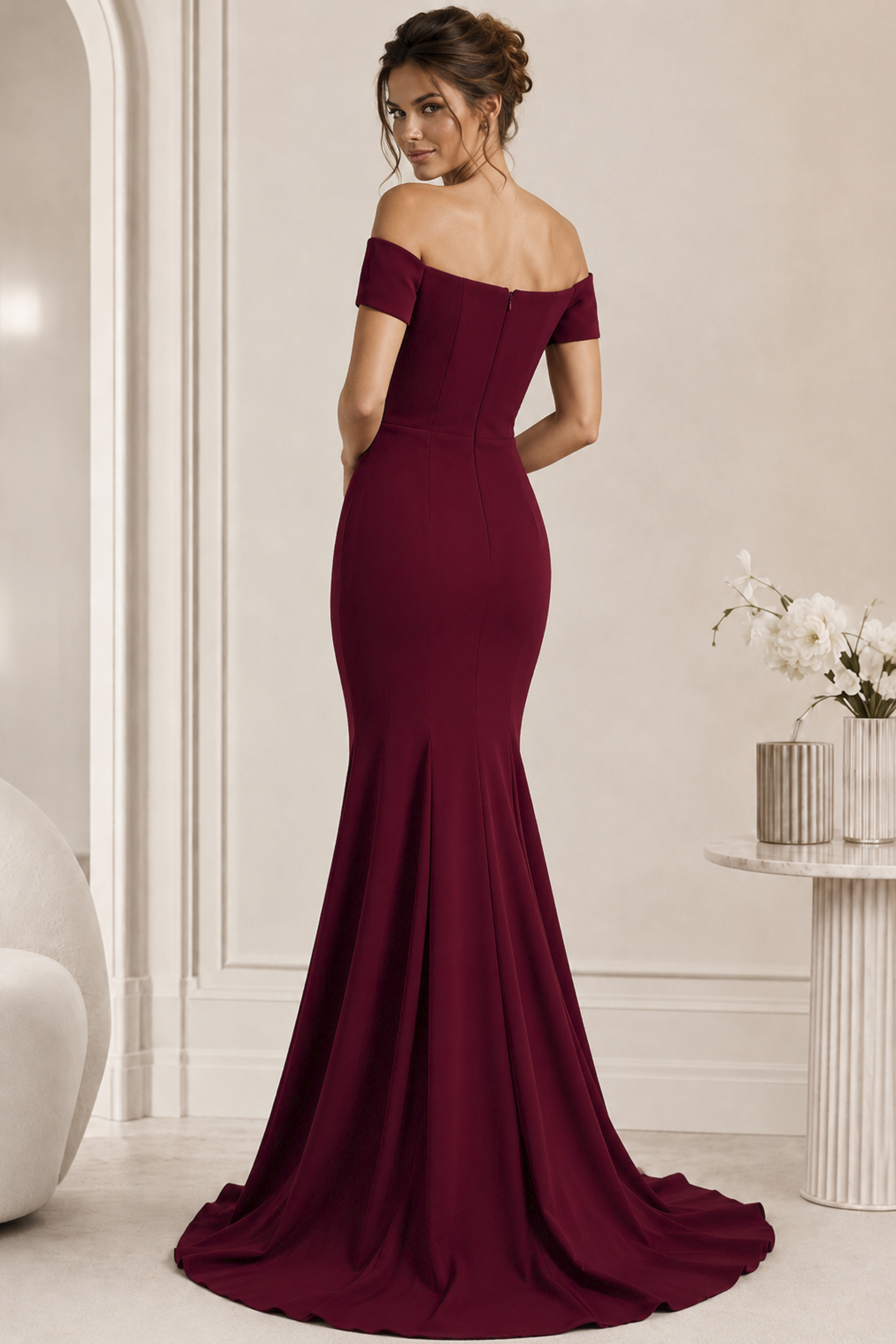 back of simple burgundy mother of the bride dress 43370