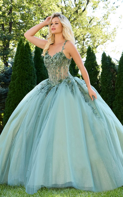 model wearing 43437 green ball gown with lace detailing and sweetheart neckline
